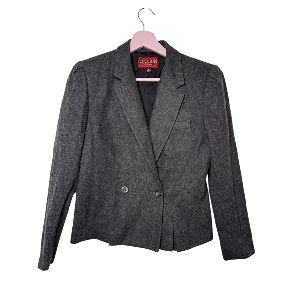 Vintage Sasson Blazer Womens 6 Petite Gray Wool Blend‎ Lined Double Button 90s